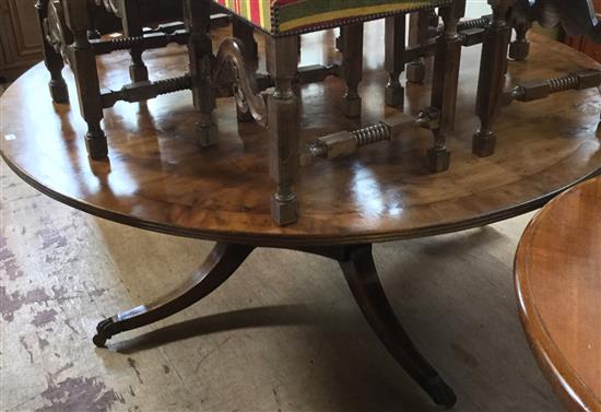 Large Regency style banded yew veneered circular topped dining table